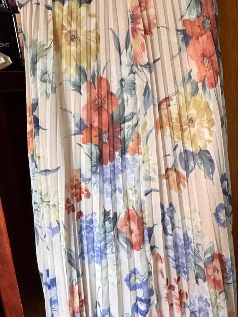 Express Cream Pleated Dress with Yellow, Blue & Green Floral Print